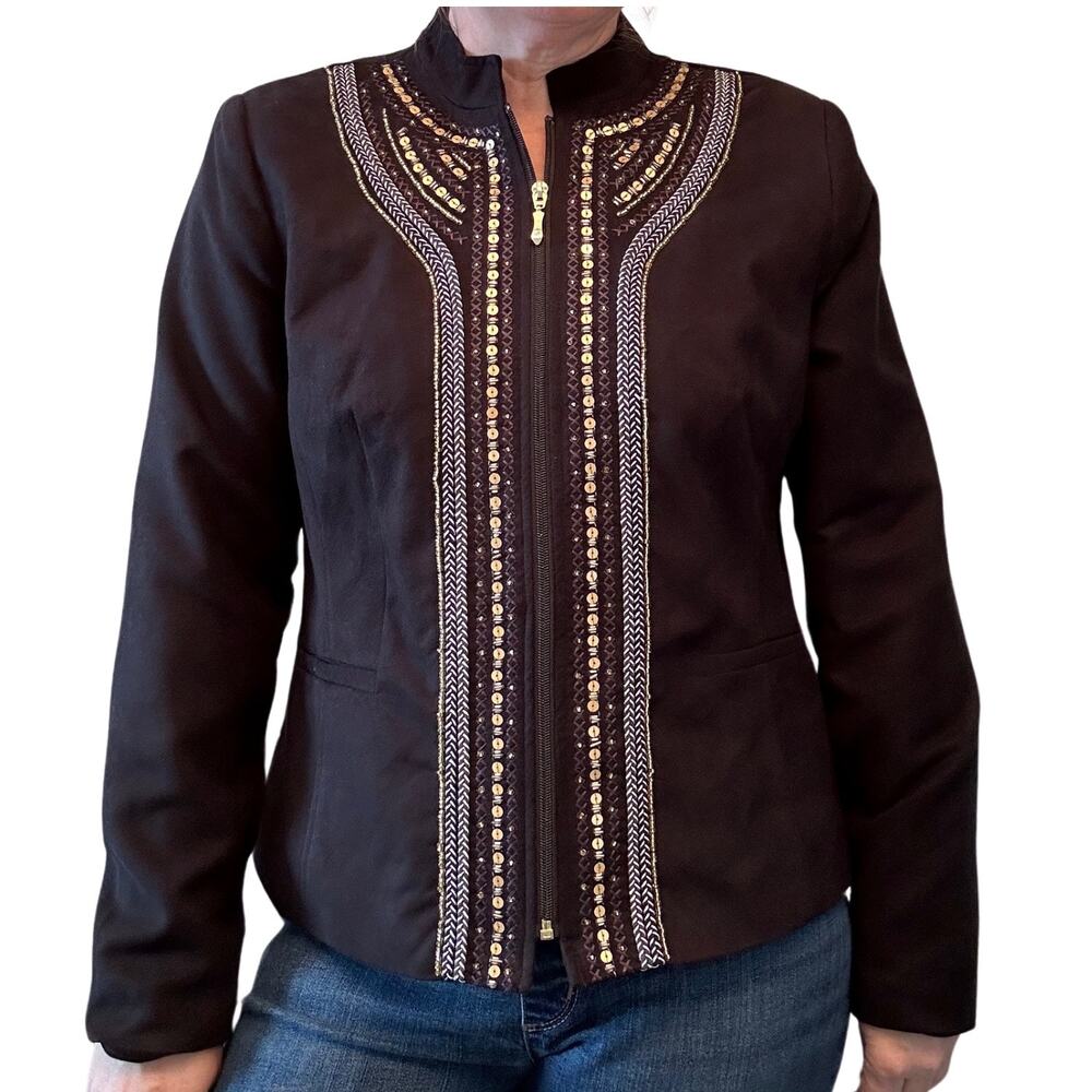 Vintage Black Suede Jacket with Gold and Silver Beads, 90s Style, Large